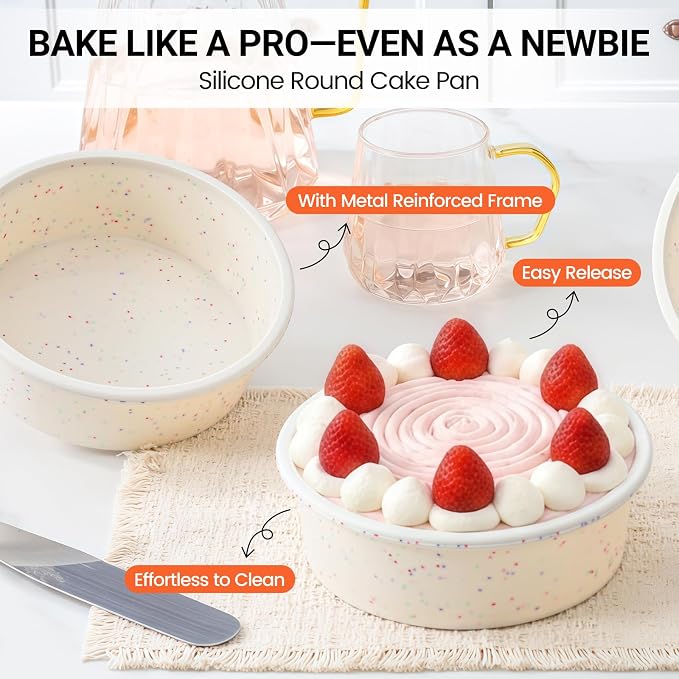 CAKETIME 6 Inch Silicone Round Cake Pan with Metal Reinforced Frame Set of 2, Non-stick & BPA Free, Even Heat Distribution, Stackable & Dishwasher Safe - Image 2