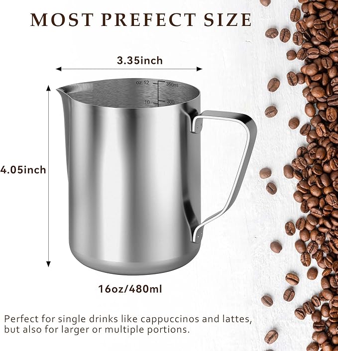 Milk Frothing Pitcher, 12oz Espresso Steaming Pitchers Stainless Steel Cappuccino Coffee Machine Accessories Barista Tools Steamer Froth Pitchers Milk Jug Cup with Decorating Pen Latte Art