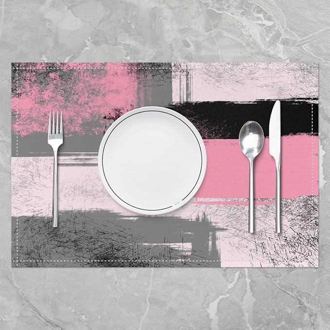 Feelyou Light Pink Black Grey White Placemats Set of 4 for Kids Boys Girls Abstract Placemat for Kitchen Dining Table Decor Indoor Outdoor 18"x12" Ombre Modern Table Place Mats, Decor Buffalo Check - Image 2