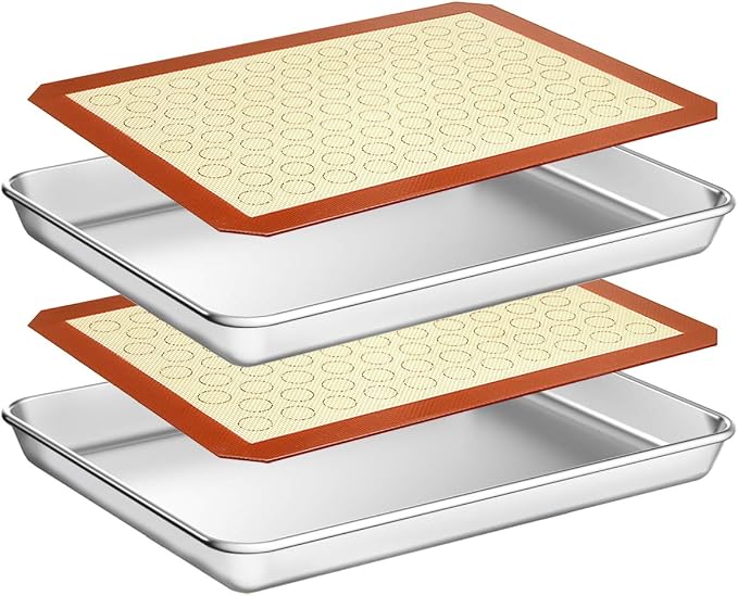 Wildone Baking Sheet with Silicone Mat Set, Set of 4 (2 Sheets + 2 Mats), Wildone Stainless Steel Cookie Sheet Baking Pan with Silicone Mat, Size 9 x 7 x 1 inch, Non Toxic & Heavy Duty & Easy Clean by Wildone