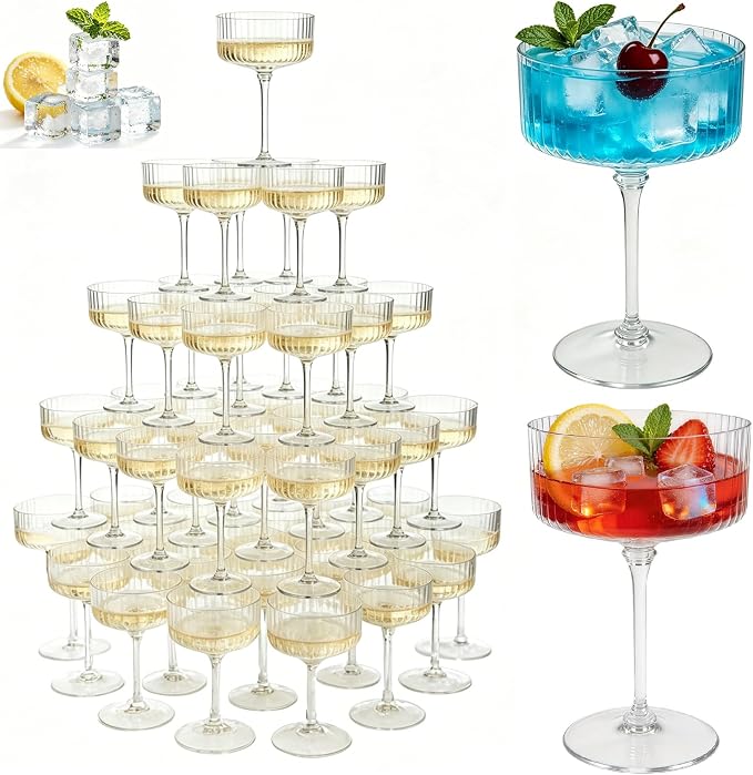 PLULON 36 Pcs Clear Martini Glasses Set 10 Oz Plastic Ribbed Coupe Glass, Cocktail Glasses Champagne Cup Tower Vintage Margarita Glassware for Cocktail Wine Bar Drinking Wedding Party Outdoor Events by PLULON