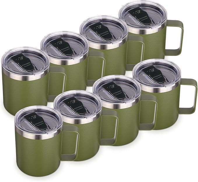 Volhoply 14oz Insulated Stainless Steel Coffee Mug with Lid Bulk 8 Pack,Double Wall Vacuum Travel Coffee Cup with Handle,Reusable Cups Tumbler,Camping Mugs Keep Hot, Ideal Gifts(Army Green,8) by LiveFully%EF%BC%8CDrinkFreely%E2%80%94KeepGoingwithVolhoply%EF%BC%81