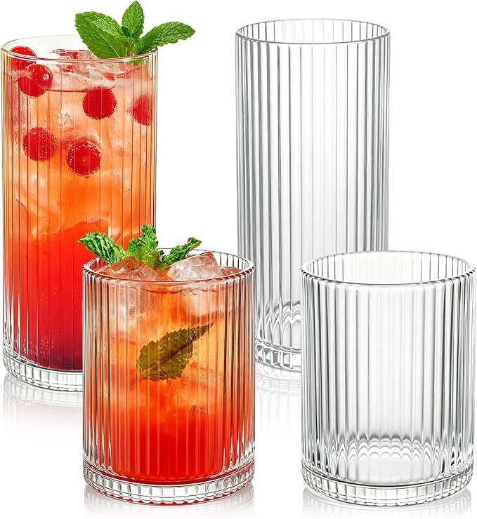 Ribbed Drinking Glasses 4pcs, 12oz and 10oz Glassware, Tumbler Glasses Cup Set for Wedding, Party, Christmas Gift, Clear by Lumkit