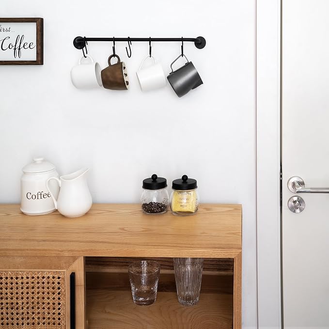 Mkono Wall Mounted Mug Holder, Coffee Cup Hanger Rack with 5 Hooks, 1 Pack | Kitchen Rod, Space Saving, Easy Assembly, Wall & Under Cabinet, Durable Metal, Kitchen Dining Bar Organizer, Multi-Function - Image 2