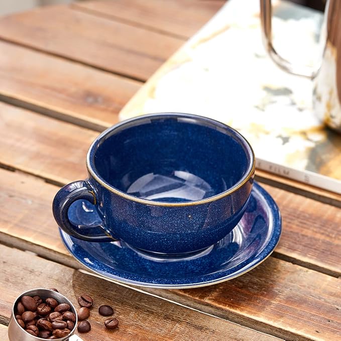 Coffeezone Vintage Design 12 oz Ceramic Latte Art Cappuccino Barista Cup with Saucer (Dark Blue) - Image 4