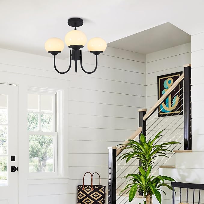 Mid Century Modern Pendant Light 3-Light Milk Glass Chandelier Frosted Globe Chandelier Black Sputnik Ceiling Light Fixture for Living Room Bedroom - Image 6