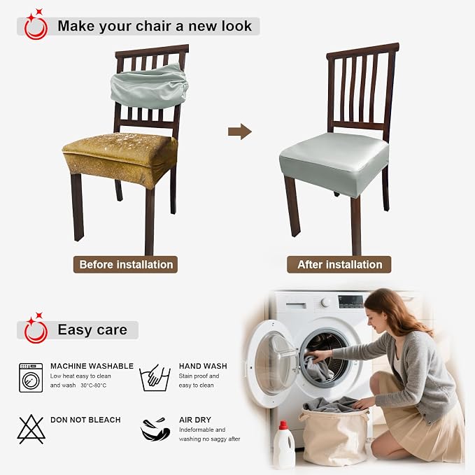 Waterproof Pu Leather Seat Covers for Dining Room Chairs Set of 4,Soft Chairs Seat Slipcovers,Dining Chair Cover Removable Washable Chair Protector Cover Stretch Kitchen Chair Covers - Image 7