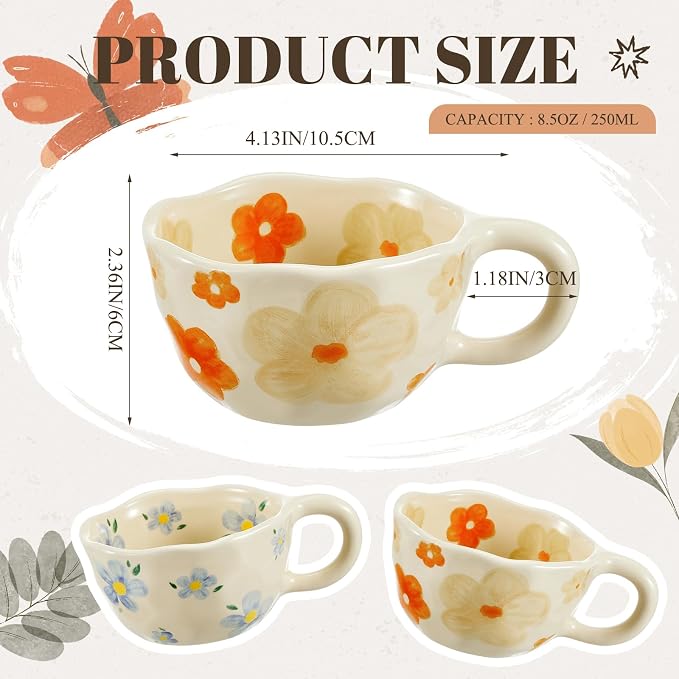 Vesici 2 Pcs Ceramic Coffee Mugs with Spoon, Vintage Floral Spring Mugs with Handle, 8.5 oz Aesthetic Flower Porcelain Tea Cup Set, Dishwasher & Microwave Safe Mothers Day Gifts for Mom(Vivid) - Image 2