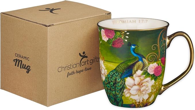 Christian Art Gifts Blue Peacock Ceramic Coffee Mug with Gold Accents – 14 oz. Lead and Cadmium-free Inspirational Scripture Coffee and Tea Mug for Women & Men with Bible Verse: Blessed –Jeremiah 17:7 - Image 6