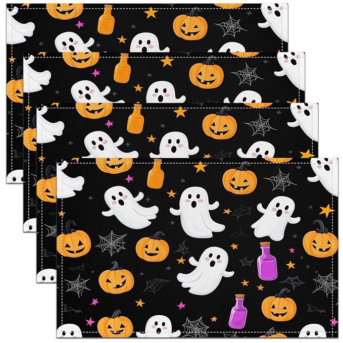 Feelyou Happy Halloween Placemats Set of 4 Cute Ghost Pumpkin Table Mats Orange Black White Place Mat for Kitchen Dining Table Party Decor Indoor Outdoor 18"x12" Non-Slip Easy to Clean Cobweb by Feelyou
