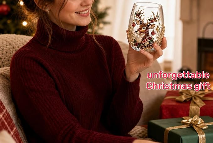 Christmas 3D Raised Glass Cup, Stemless Santa Wine Glass, Luxury Holiday Glassware for Coffee Tea Juice Milk Drinks - Image 7