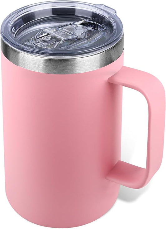 22oz Insulated Coffee Mug with Handle & Leak-Proof Lid - Double Wall Stainless Steel Travel Tumbler for Commute/Office/Home, Pink, 1 Pack by Unknown