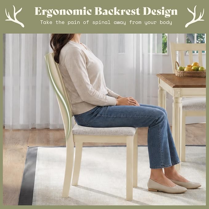 AMERLIFE Set of 8 Farmhouse Dining Chairs with Upholstered Seats, Cream | Farmhouse Style, Curved Backrests, Solid Wood Legs, Padded Upholstery, Rustic Cream Finish - Image 7