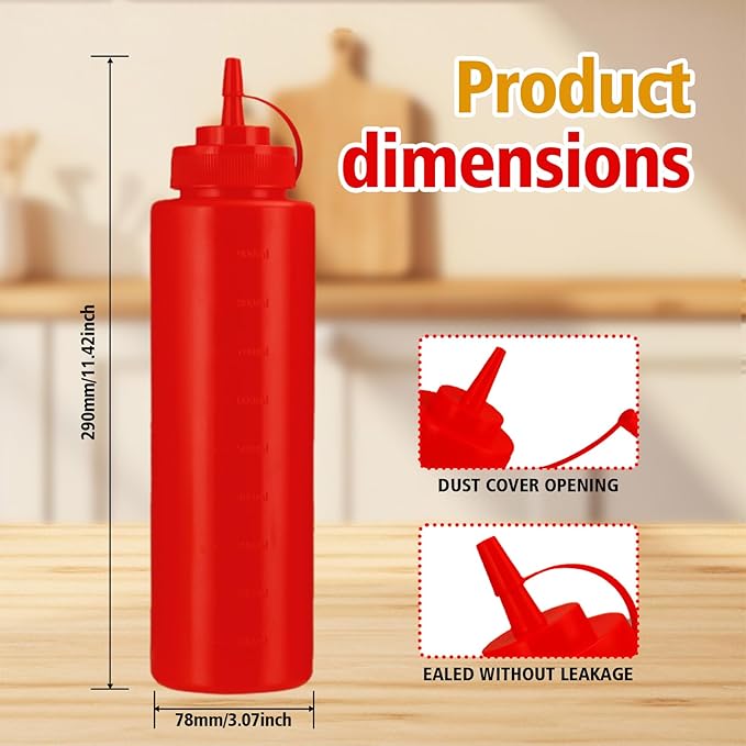 Squeeze Bottles for Sauces,Leak-Proof Condiment Dispenser, BPA-Free Kitchen Restaurant Squeeze Bottle Set with Wide Mouth for Ketchup, Mustard,Syrup,Dressings (Red, 2Pack-32oz(900ml))
