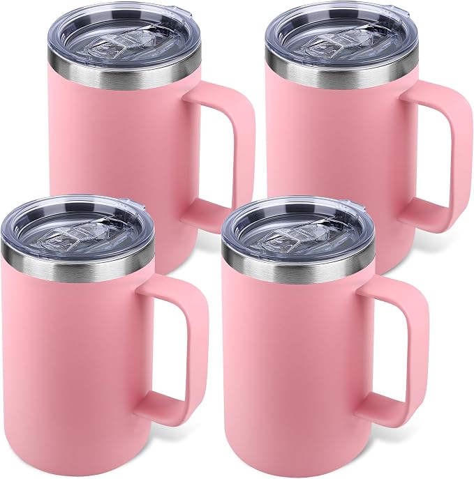22oz Insulated Coffee Mug with Handle & Leak-Proof Lid - Double Wall Stainless Steel Travel Tumbler Bulk for Commute/Office/Home, Pink, 4 Pack by Unknown