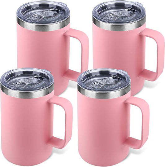 22oz Insulated Coffee Mug with Handle & Leak-Proof Lid - Double Wall Stainless Steel Travel Tumbler Bulk for Commute/Office/Home, Pink, 4 Pack by Unknown