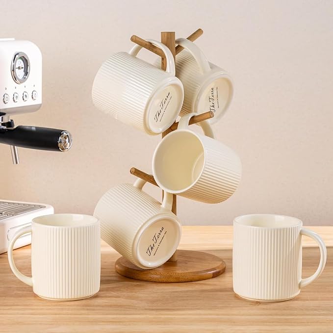 theterra Ceramic Coffee Mugs Set of 6, 14.2 oz Coffee Cups with Handle | Handmade, Suitable for Latte, Tea, Milk, Beer & Hot Cocoa, Beige - Image 7