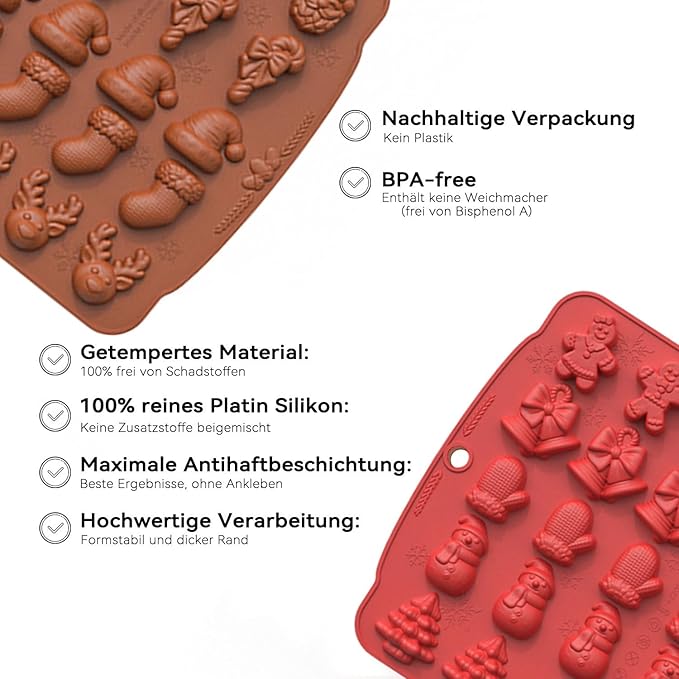 2 Pcs Christmas Silicone Molds 3D Christmas Chocolate Silicone Mold 60 Cavity Small Baking Molds with Elk Snowman Bells Shape Molds Used for Making Candy Jelly Ice Cube Dog Treats