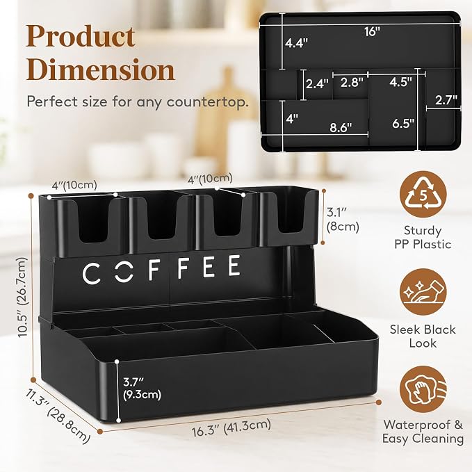 Lifewit 2-tier Coffee Station Organizer Caddy for Countertop, 11 Compartments Coffee Bar Organizers for Cups, Pods, Sugar, Compact Condiment Holders Storage for Office Breakroom Kitchen Home Black - Image 3