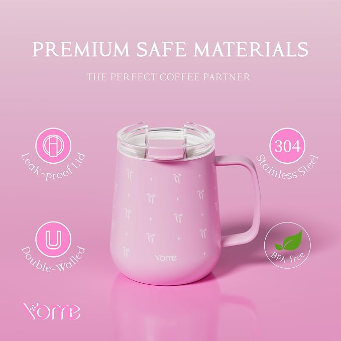 YOME 10oz Elegant Bow Pink Insulated Coffee Mug with Handle for Women | Ceramic Lined Coffee Mug with Splash-Resistant Lid| Pure Taste Stainless Steel Coffee Cup | Easy to Clean | Keeps Drinks Cold - Image 7