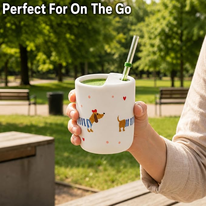 Ceramic Travel Coffee Mug 12 OZ, Cute Dachshund Pattern Coffee Cup, Handmade Style Ceramic Coffee Mug with Sip Hole for Women Men, Office Home Kitchen Gift - Image 7