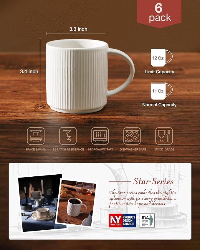 famiware Coffee Mug Set for 6, Star 12 oz Catering Mugs Cup Set with Handle for Coffee, Tea, Cocoa, Milk - Ceramic Stoneware Drinkware Set, Matte White + Matte Black - Image 4