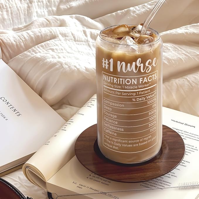 SANDJEST Nurse Glass Can, Nutrition Facts Cup with Lid & Straw, Iced Coffee Aesthetic Cups, Idea Gift for Christmas Birthday Nurse Week, Gifts for Women, 16oz