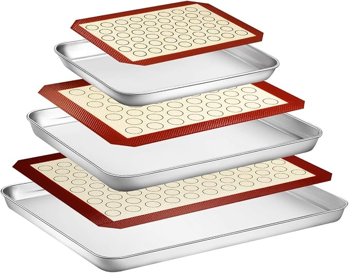 Wildone Baking Sheet with Silicone Mat Set, Set of 6 (3 Sheets + 3 Mats), Stainless Steel Cookie Sheet Baking Pan with Silicone Mat, Non Toxic & Heavy Duty & Easy Clean by Wildone