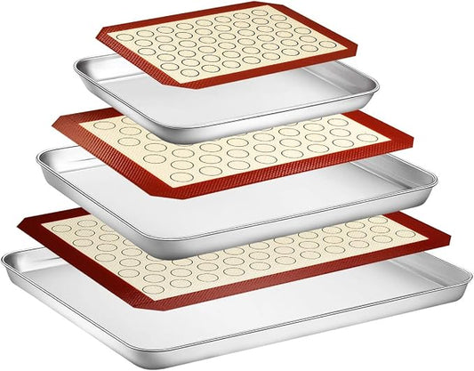 Wildone Baking Sheet with Silicone Mat Set, Set of 6 (3 Sheets + 3 Mats), Stainless Steel Cookie Sheet Baking Pan with Silicone Mat, Non Toxic & Heavy Duty & Easy Clean by Wildone