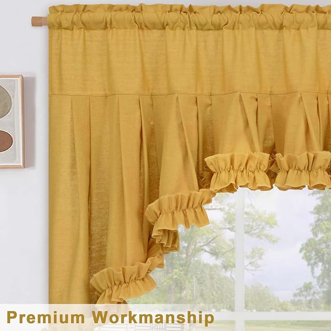Likiyol Linen Valances for Windows Farmhouse Ruffle Swag Valance Rustic Country Window Valances Light Filtering Kitchen Curtains Rod Pocket Valance Curtains for Bathroom Cafe, Yellow, 60" W x 36" L - Image 6