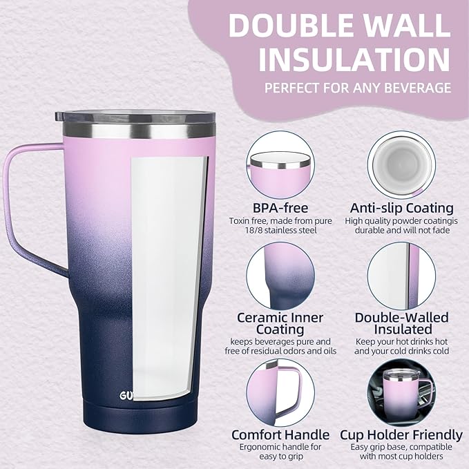 20 oz Insulated Coffee Mug with Ceramic Coating, Stainless Steel Travel Mug Tumbler with Handle Lid and Straw, Double Wall Leak-Proof Coffee Travel Mug Keeps Drink Hot and Cold (Purple blue) - Image 3