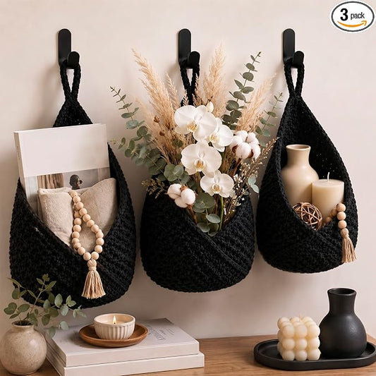 Honeydak Boho Decor Hanging Wall Baskets for Kitchen 3 Pack Teardrop Baskets with Hooks Storage Fruit Onion Vegetable Potato for Home 3 Sizes(Black,Triangle,Cotton Rope) by Honeydak
