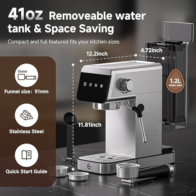 AMZCHEF Espresso Coffee Machine | 20 Bar Pressure System | LED Touch Screen | Compact Design Perfect for Home & Office | 41oz Water Tank - Image 6