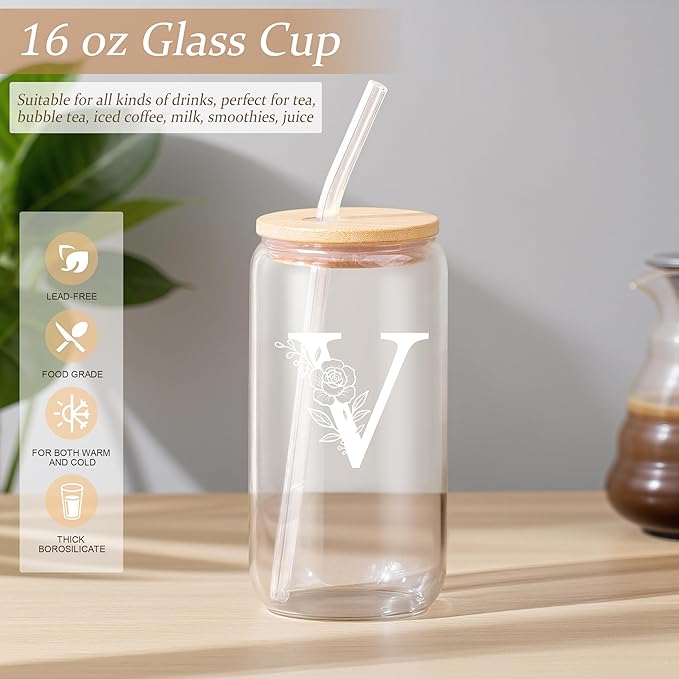 Personalized Gifts for Women, Monogrammed Gifts for Women, Initial 16 oz Glass Cups With Lids and Straws, Customized Mug, Personalized Birthday Gifts Christmas Gifts for Her Mom Friend Woman, V