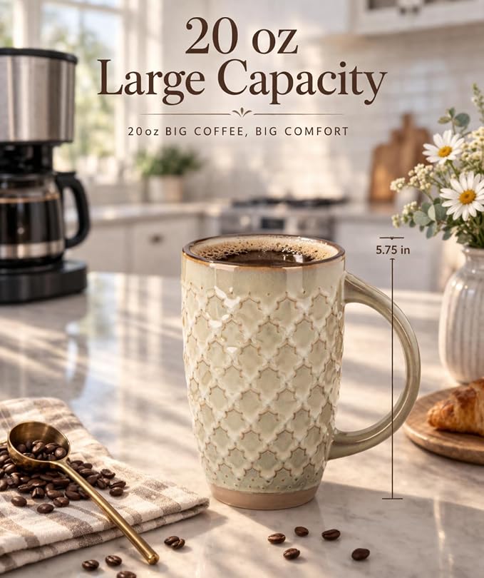 GBhome 20oz Large Coffee Mugs Set of 6, Handmade Tall Ceramic Coffee Mugs with Texture Patterns for Cappuccino, Latte,Hot Cocoa, Dishwasher & Microwave Safe-Pale Khaki - Image 2