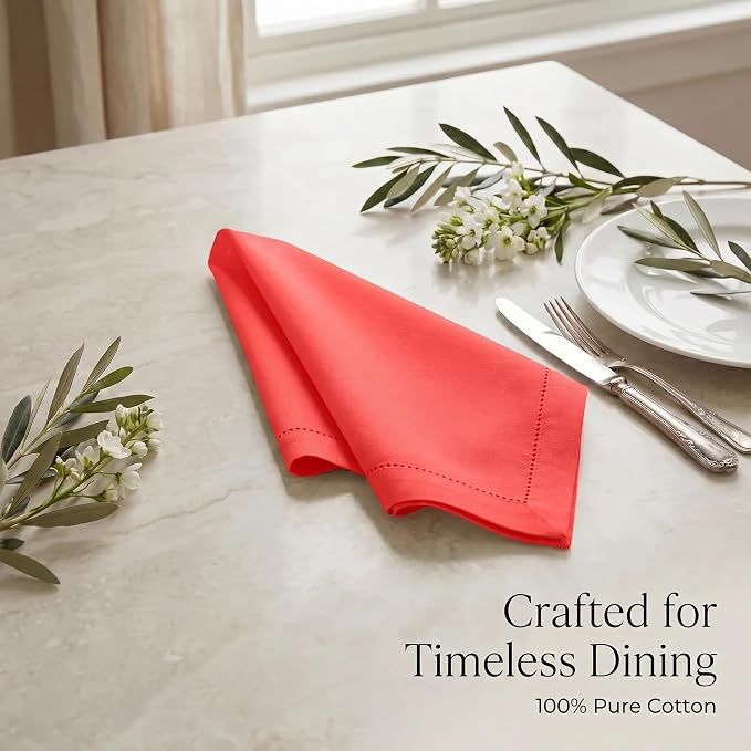 Urban Villa Hemstitch Cloth Dinner Napkins Cotton 20”x20” (Set of 12)-Red - Image 8