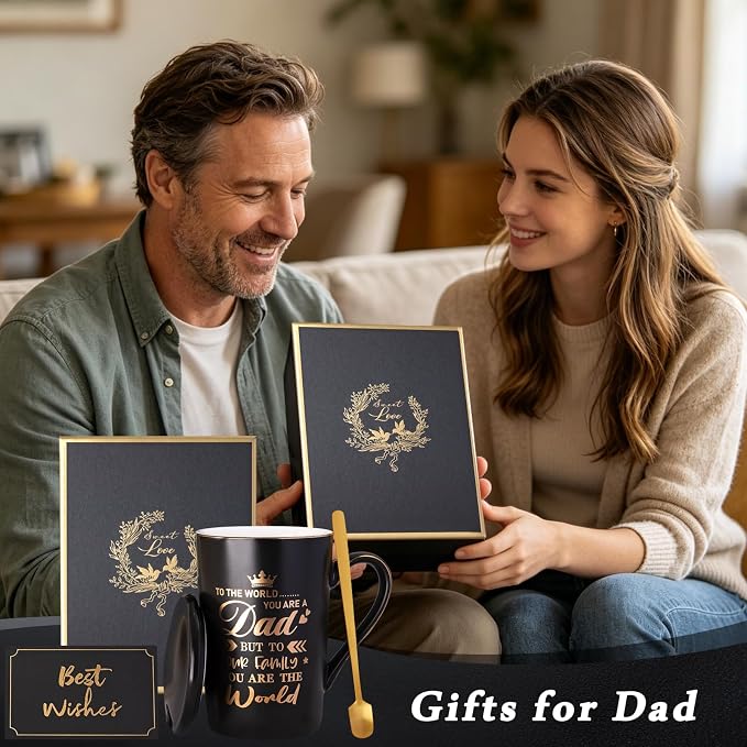 Birthday Dad Gifts from Daughter Son, 14Oz Coffee Mug Print Real Gold | Unique Matte Black Ceramic Cup With Lid Spoon Card Nice Box - Christmas Birthday Fathers Day Gifts for Dad Husband Stepfather - Image 3