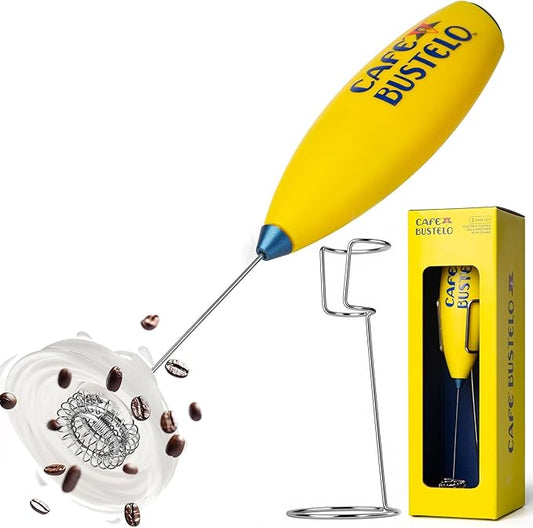 Café Bustelo Electric Coffee Milk Frother – Handheld Battery-Operated Drink Mixer with Stainless Steel Whisk & Stand, Bold Yellow Design, Perfect for Lattes, Cappuccinos & Café-Style Coffee Drinks