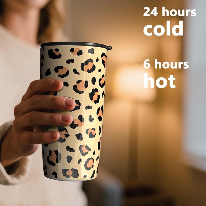 TILUCK 20 oz Insulated Coffee Tumbler with BPA-Free Lid | Travel Coffee Mug, Dishwasher Safe, Cup Holder Friendly, Double-Wall Vacuum Insulation for Hot & Cold Drinks, Leopard - Image 3