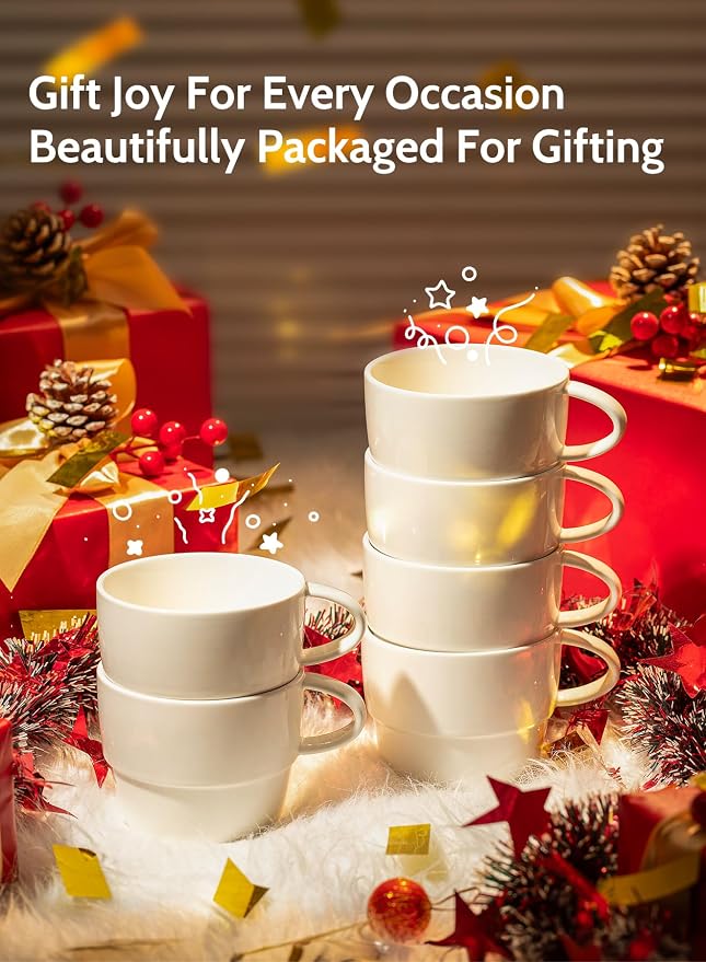 Sweese 10 oz Stackable Porcelain Coffee Mugs, Set of 6, White | stackable mugs for Cappuccino, Mocha, Tea - Dishwasher Friendly – Ideal for Home and Café, White - Image 6