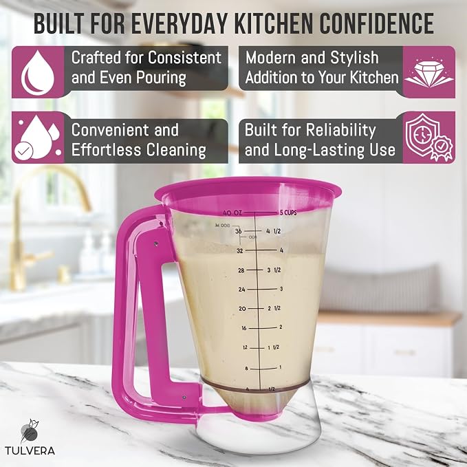 Pancake Batter Dispenser | 5-Cup Mix Pourer for Pancakes, Waffles, Crepes, Muffins, Cupcakes | Squeeze Handle, Portion Control Pitcher, Durable Drip-Free Design | Baking Accessories (Raspberry Purple) - Image 8