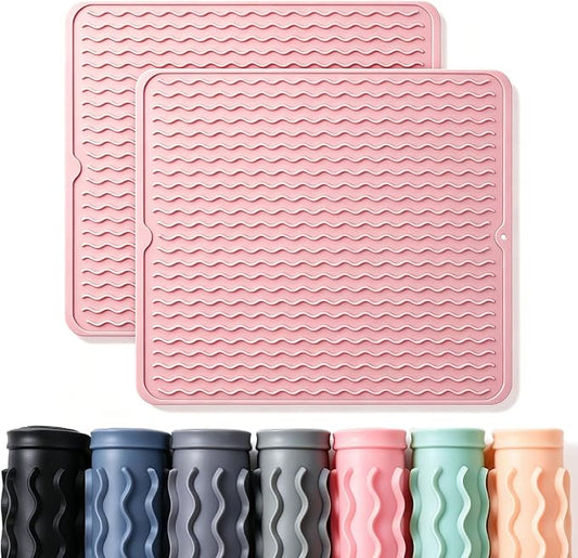 2 Pack Caketime Silicone Dish Drying Mat for Kitchen Counter Cooking Baking Liners Drawer Refrigerator Espresso Machine Station Utensil Holder Washer Trivets Oven Chef Gifts Extra Large 18"x16" Pink by CAKETIME