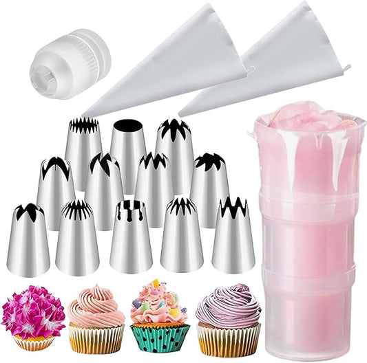 16 PCS Large Piping Tips Set, Stainless Steel frosting tips with Reusable cotton piping bag and auxiliary cup, Cake Decorating Tips Set for Cake Decorating, Cupcakes, Cookies, DlY pastries