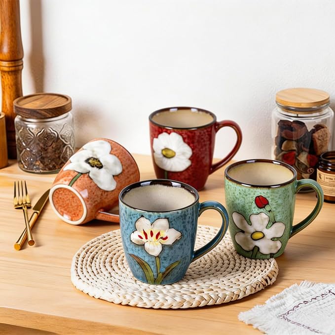 12oz Coffee Mugs Set of 4, Hand-Painted Floral Stoneware Cups with Handle, Dishwasher Microwave Oven Safe, Cappuccino Mugs for Latte, Tea, Espresso & Hot Cocoa, for Home Kitchen & Cafe, Mix - Image 2