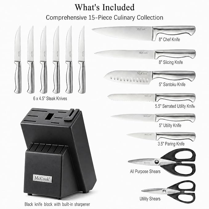 McCook Knife Set Sharp Kitchen Knife Block Set w Built-in Sharpener | German Forged Stainless Steel,15 PC,Razor Sharp,Anti-Rust,Restaurant Grade,Ergonomic Handle,Full Tang,Gift Box - Image 2