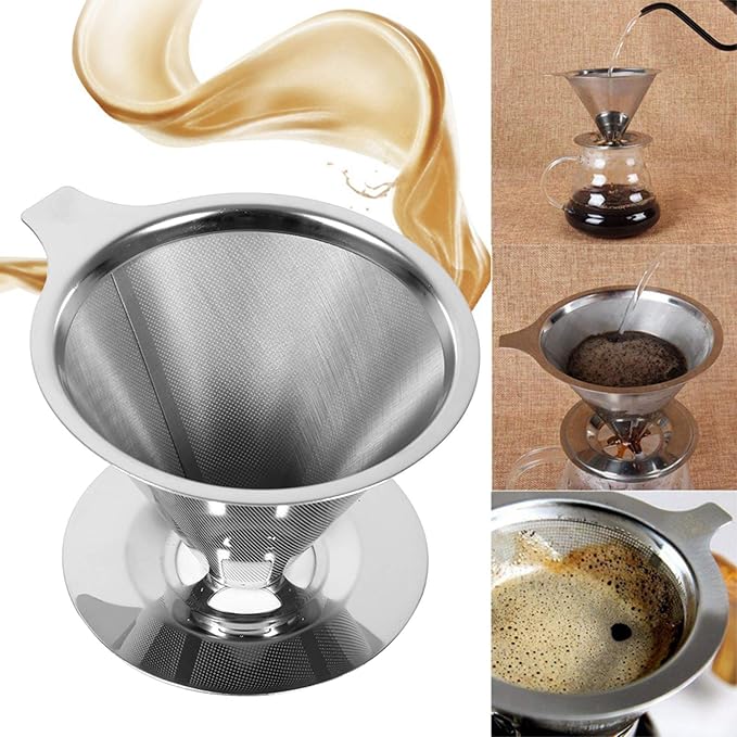 Eujgoov Double Layer Food Grade Stainless Steel Coffee Filter Silver 100x60mm Washable Reusable Fast Filtration for Home Office Travel Camping