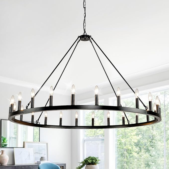 WJShome 24-Light Black Wagon Wheel Chandelier Farmhouse, 54" Extra Large Chandeliers for High Ceilings, Round Matte Black Chandelier for Dinning Room, Entryway, Foyer, Living Room by SofaFurniture