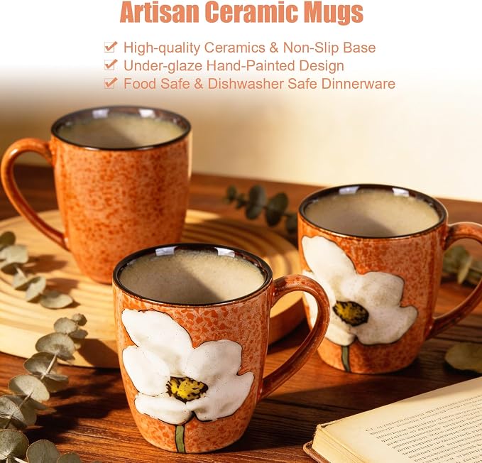 12oz Coffee Mugs Set of 4, Hand-Painted Floral Stoneware Cups with Handle, Dishwasher Microwave Oven Safe, Cappuccino Mugs for Latte, Tea, Espresso & Hot Cocoa, for Home Kitchen & Cafe, Pink - Image 5