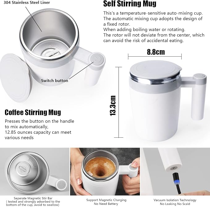 Self Stirring Mug,Rechargeable Auto Magnetic Coffee Mug with 2Pc Stir Bar,Waterproof Automatic Mixing Cup for Milk/Cocoa at Office/Kitchen/Travel 14oz Best Gift - White - Image 2