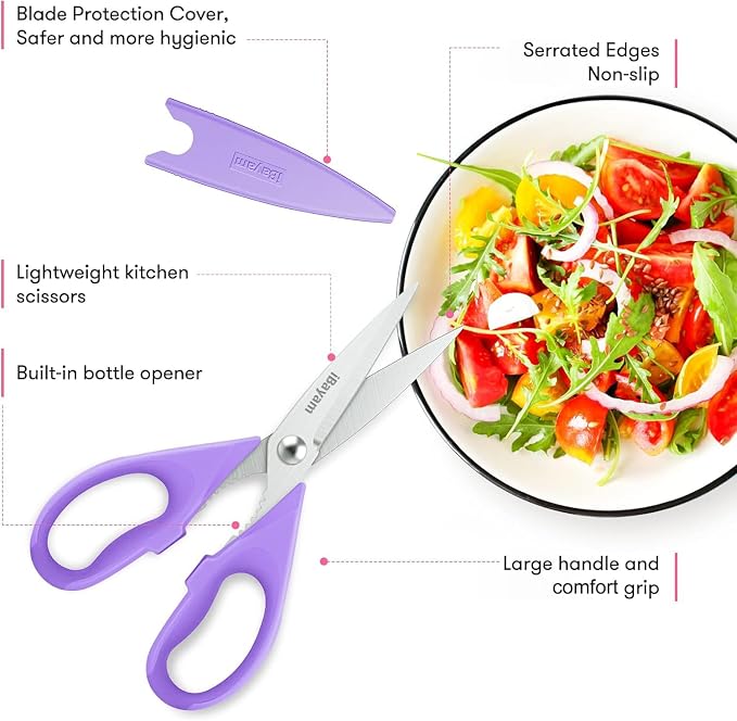 iBayam Pastel Kitchen Scissors All Purpose Heavy Duty & Cover, Pink/Purple | Dishwasher Safe, Comfort Grip, 8.7" Stainless Steel Sharp Food Scissors Poultry Shears Kitchen Utensils Accessories, 2-Pack - Image 2